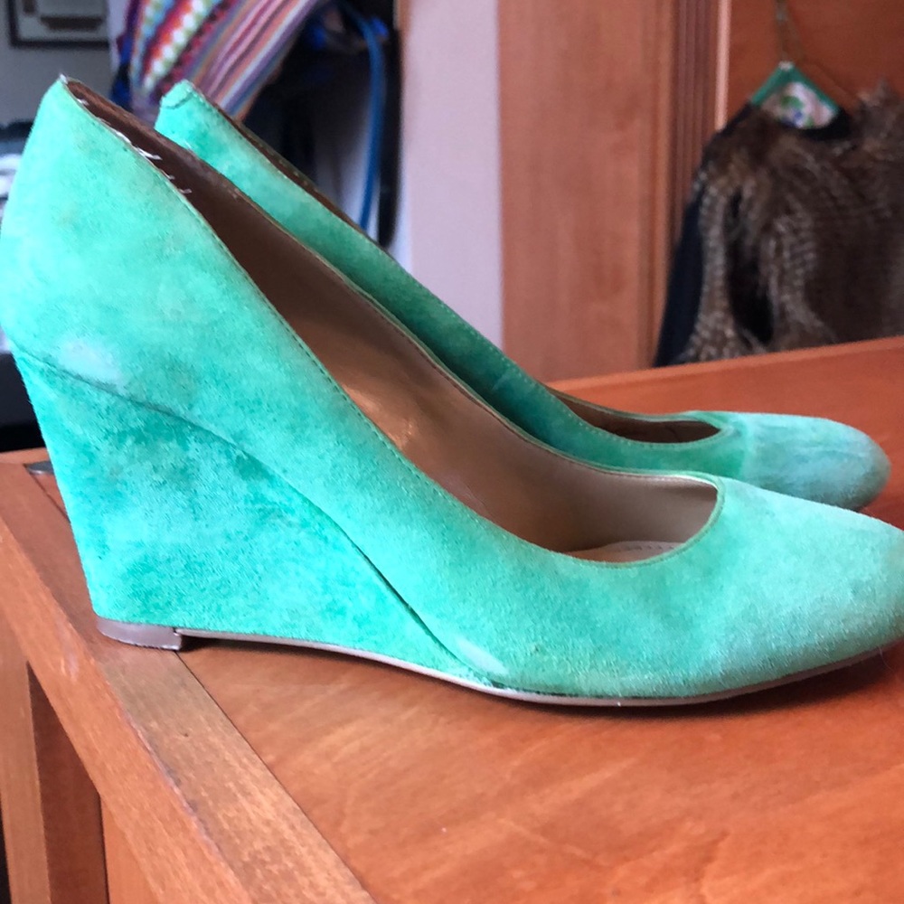 green suede Saks Fifth Avenue platforms